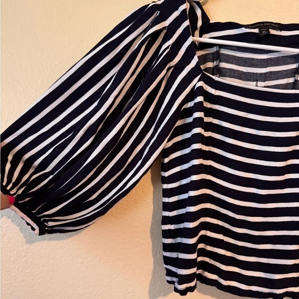 Banana Republic Puff Sleeve Striped Blouse XS Navy White Square Neck